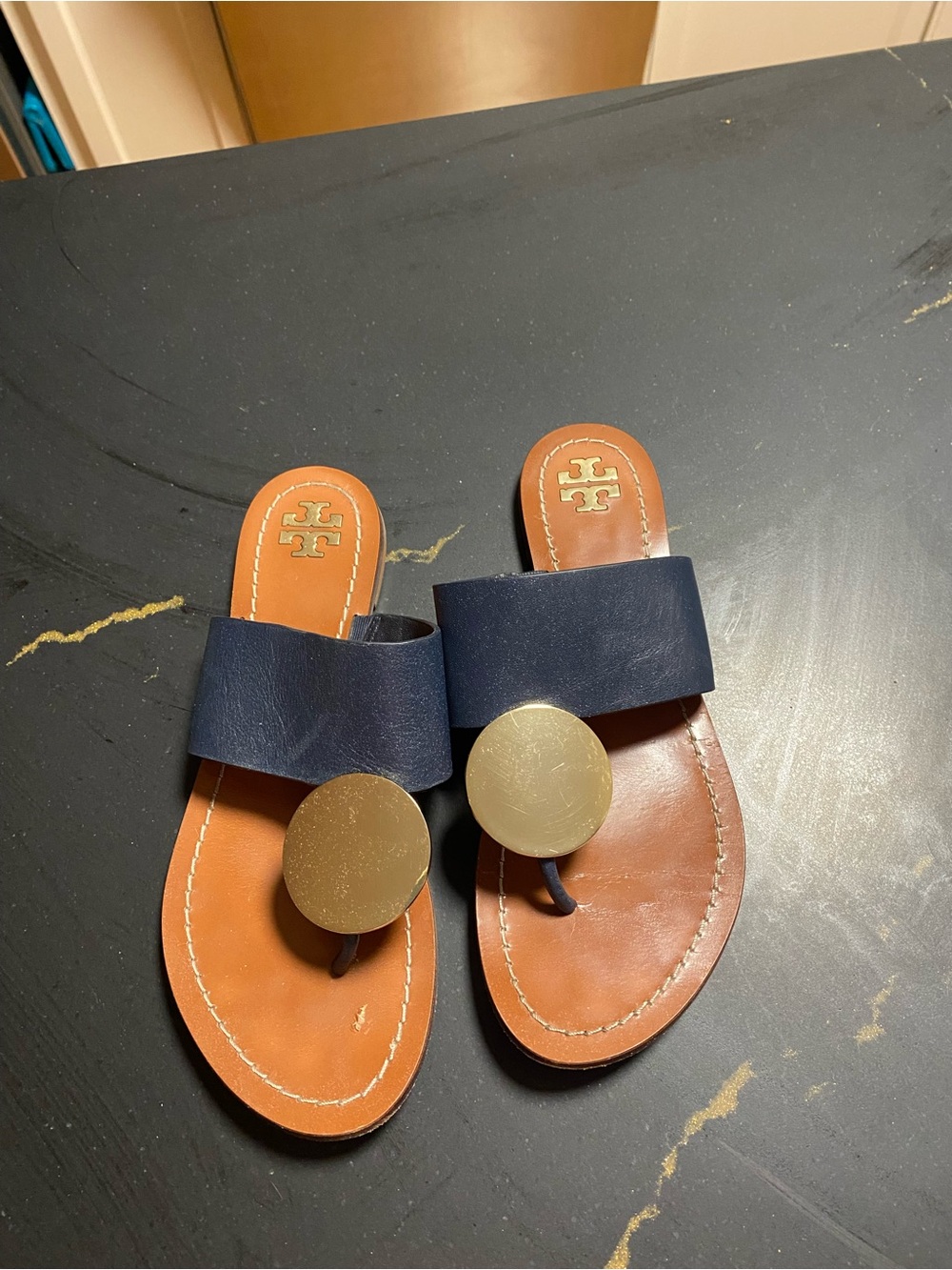Tory Burch Navy Leather Slide Sandals with Gold Medallion - Picture 2 of 6